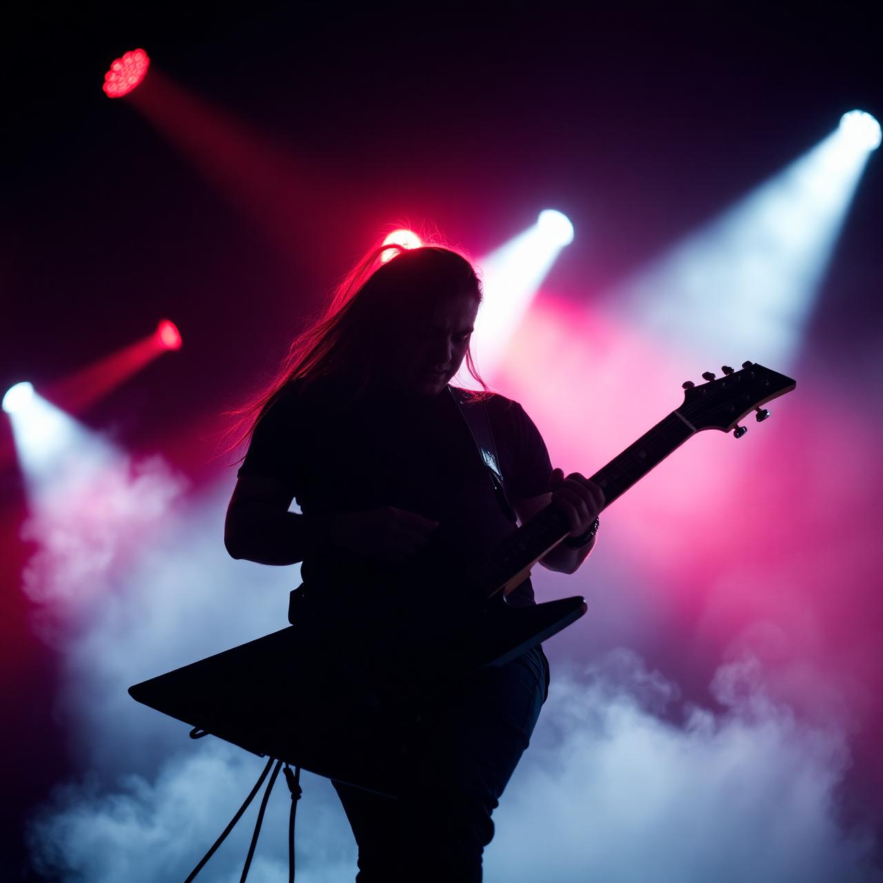 Guitarrista de metal no palco com luzes vermelhas